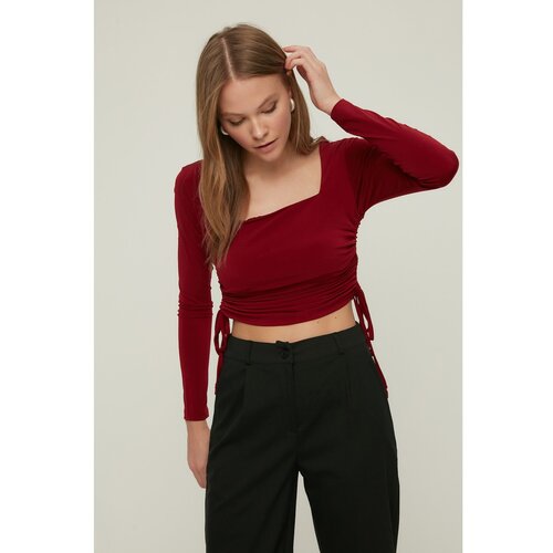 Trendyol Burgundy Square Neck Gathered Detail Fitted/Sleeping Crop Elastic Pletena bluza Cijene