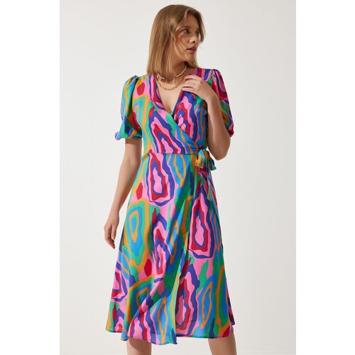  Women&amp;#039;s Pink Green Patterned Summer Wrap Viscose Dress Slike