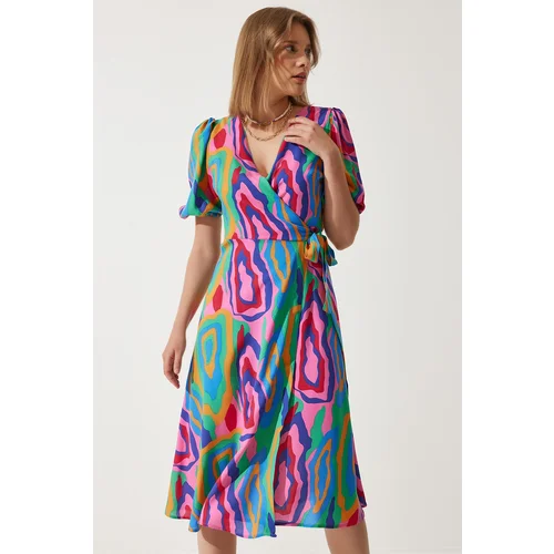  Women's Pink Green Patterned Summer Wrap Viscose Dress