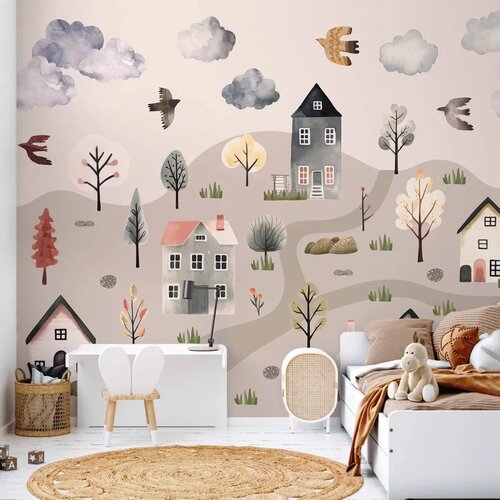  Foto tapeta - Scandinavian Valley - Village in Pastel Colours Painted in Watercolours 250x175 Premium Slike