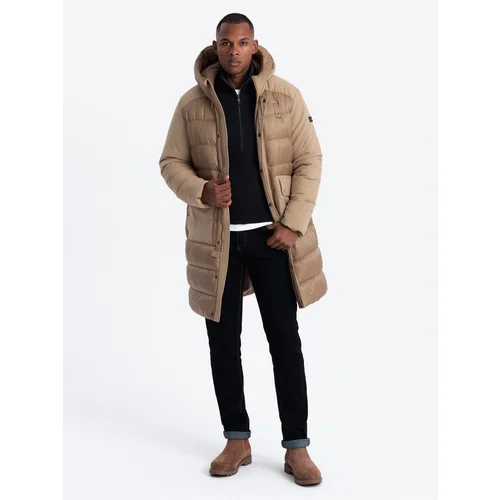 Ombre Men's long quilted jacket with large pockets - beige