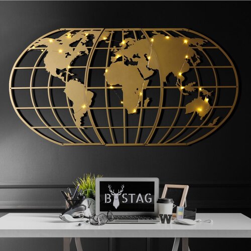 Wallity Zidna dekoracija Svjetska mapa Globus LED, 60x120cm, Zlatna boja Cene