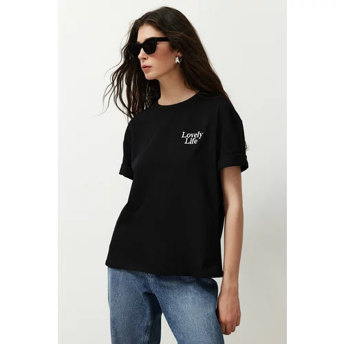 Trendyol Black 100% Cotton Slogan Printed Relaxed/Comfortable Fit Pocket Detailed Knitted T-Shirt