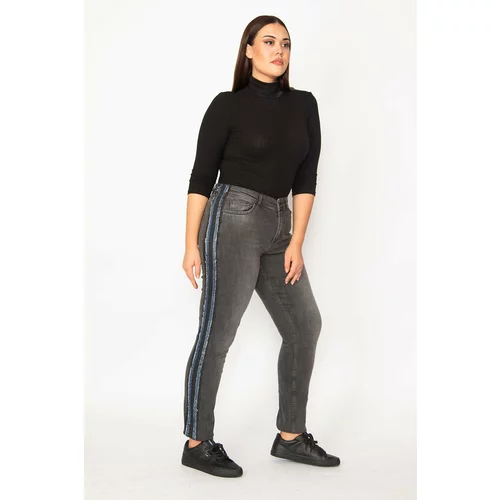 Şans Women's Plus Size Anthracite Silvery Striped 5-Pocket Lycra Jeans