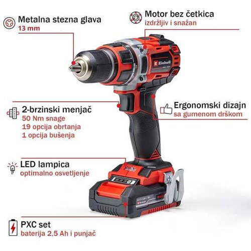 Einhell Aku bušilica TE-CD 18/50 + 2.5Ah baterija i punjač (004001) Cene
