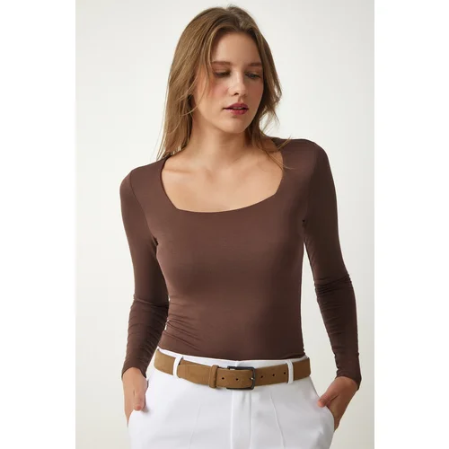  Women's Brown Square Collar Viscose Knitted Blouse