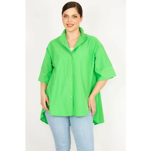 Şans Women's Green Plus Size Front Buttoned Long Back Shirt