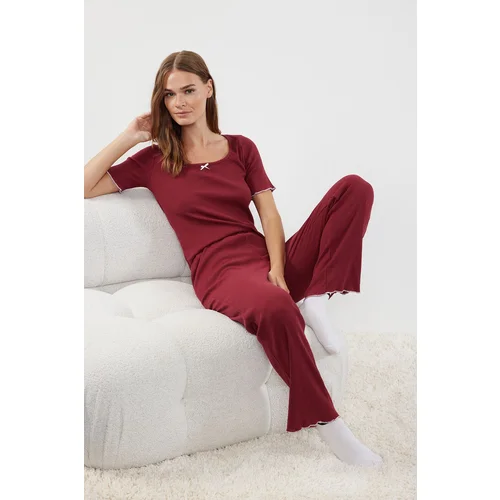 Trendyol Claret Red Solid Camisole Knitted Pajama Set