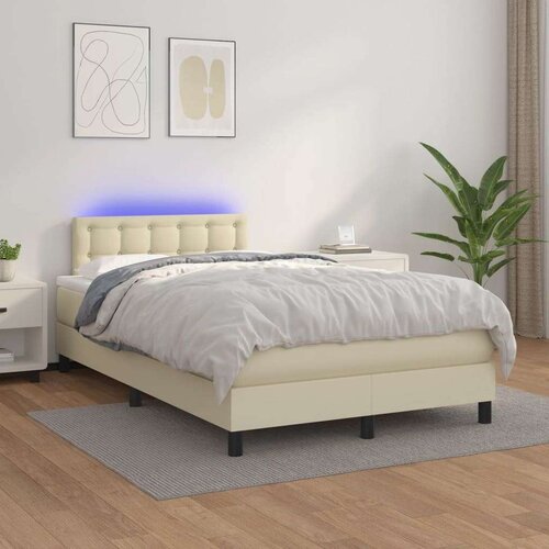  Krevet box spring s madracem LED krem 120x200cm od umjetne kože - Krema 120 x 200 cm gumbi Cijene
