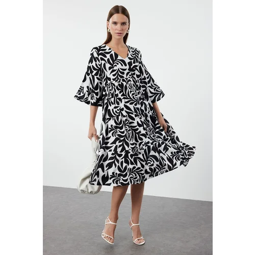 Trendyol Black Floral Patterned Wide Cut V-Neck Woven Dress