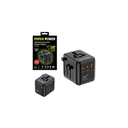 Max Power ADAPTER PUTNI 1005DCR Gan 2XPD Type C+1X USB A,25W,CRNI Slike