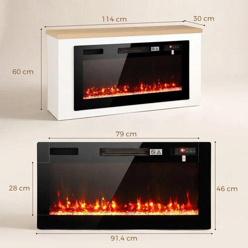  Električni kamin s grijačem 12 boja plamena TV ormarić s kaminom za televizore do 55 inča 114 cm bijela Slike