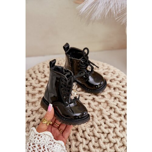 FR1 Warm Patent Leather Kids Boots With Bear And Zipper Black Enchanta Cene