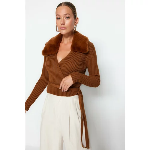 Trendyol Brown Faux Für Detail Knitwear Sweater
