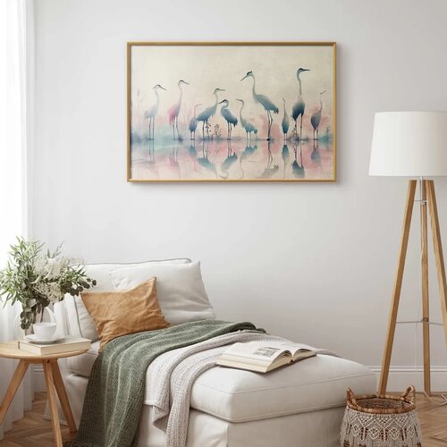  Plakat - Birds by the Lake - herons painted in watercolor in a delicate gray-pink palette 60x40 Zlatni okvir Slike