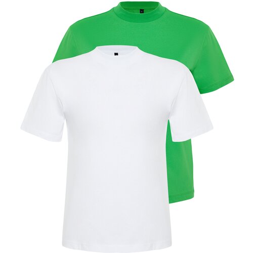 Trendyol Green-White 2 Pack Basic Stand Collar Knitted T-Shirt Slike