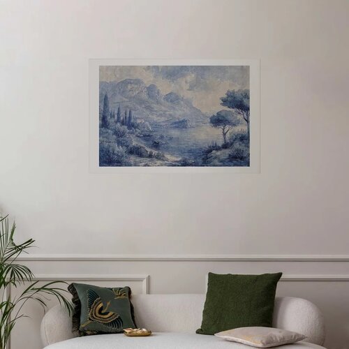  Plakat - Blue Bay - Italian Landscape of Lake Como Painted in Blue Ink 90x60 Bez okvira s margom Slike