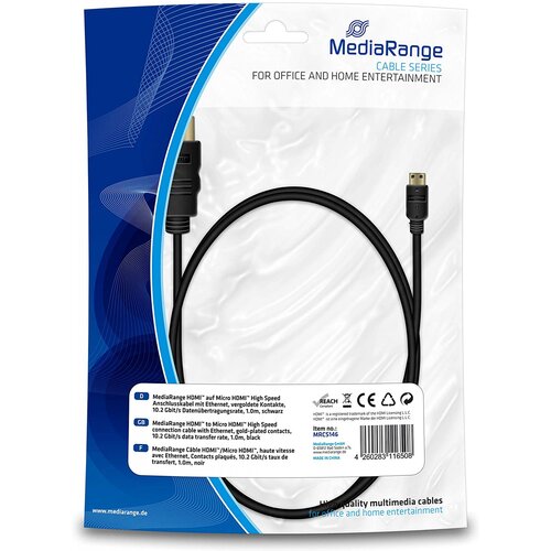 Mediarange micro HDMI na HDMI kabel z Ethernetom, 10,2 Gbit, pozlačeni kontakti, 2M Slike