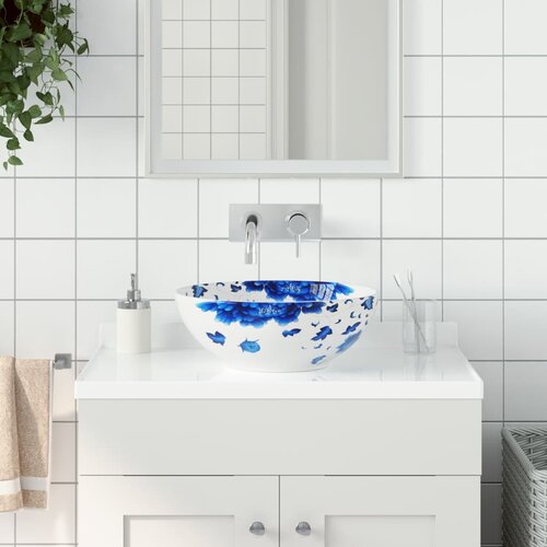 VidaXL Nadgradni umivaonik bijelo-plavi okrugli &amp;Phi; 41 x 14 cm keramički Slike