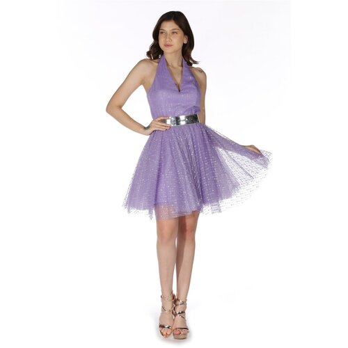 Carmen Lilac Stone Short Evening Dress with Tulle Belt Slike
