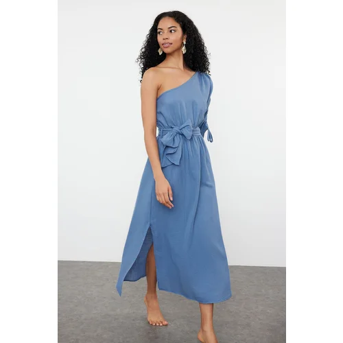 Trendyol Blue Belted Midi Woven Muslin One-Shoulder Beach Dress