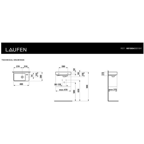 Laufen H8159540001041 Pro S 48 x 28 cm desna izvedba keramični umivalnik z odprtino za armaturo Slike