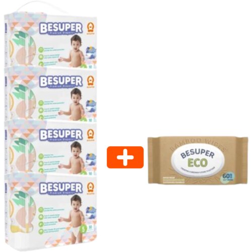 BeSuper Premium Pelene, Veličina 5 (12+ kg), 4x30 komada + Vlažne maramice, 1x60 komada Slike