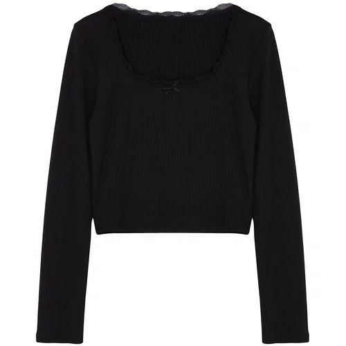 Trendyol Black Square Neck Lace Detailed Crop/Short Knitted Blouse