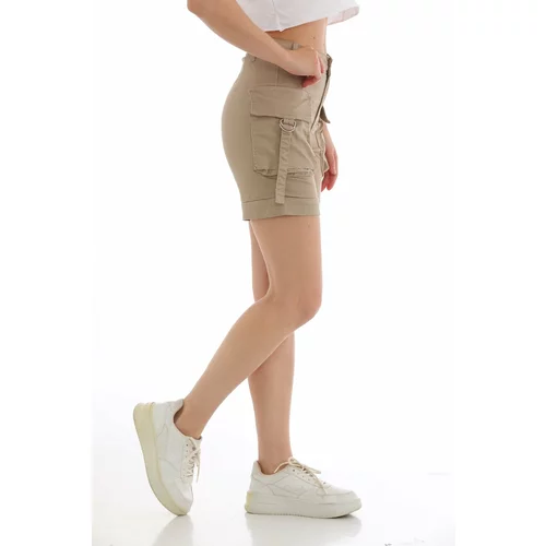 BİKELİFE Beige Cargo Pocket High Waist Flexible Denim Shorts