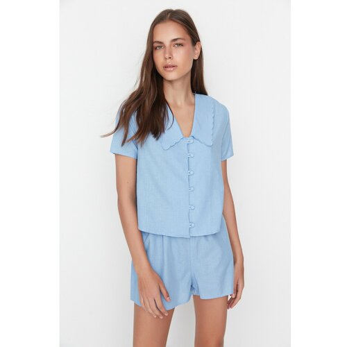 Trendyol Blue Collar Detailed Woven Pajamas Set Slike