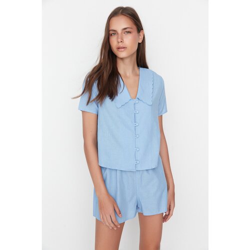 Trendyol Blue Collar Detailed Woven Pajamas Set Slike