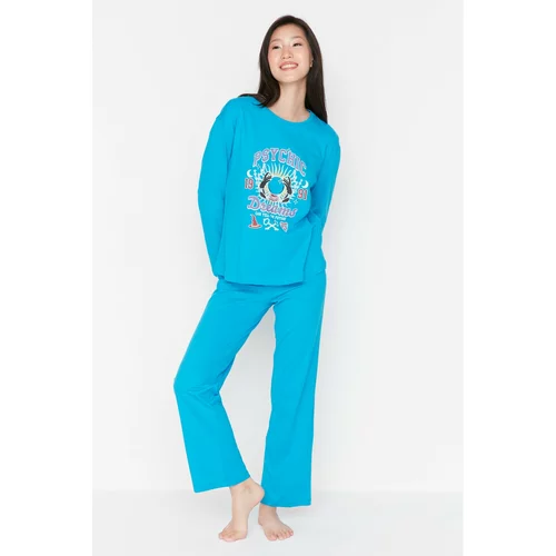 Trendyol Turquoise Printed Knitted Pajamas Set