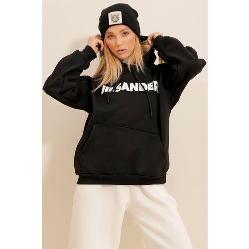 Trend Alaçatı Stili Women's Black Hooded Kangaroo Pocket 3 Thread Inner Raising Front Printed Oversize Sweatshirt Cene