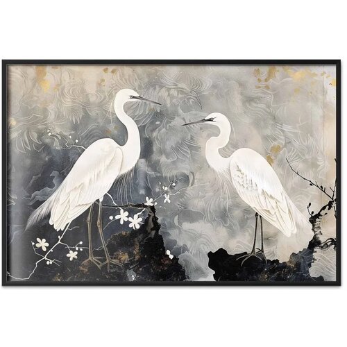  Plakat - Herons and Cherry Blossom - oriental-style illustration depicting birds 30x21 Crni okvir Slike