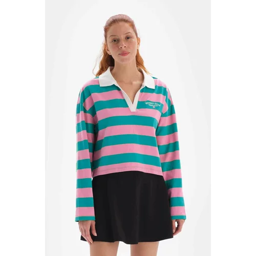 Dagi Pink Women's Sweatshirt Collar Striped