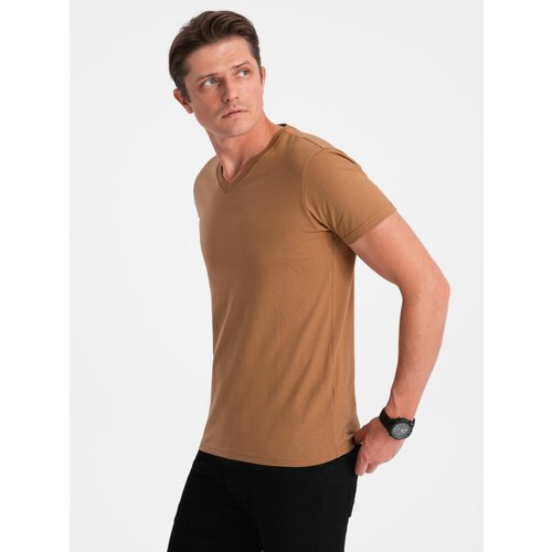 Ombre BASIC men's classic cotton T-shirt with a crew neckline - warm-brown Cene