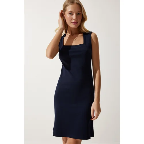  Women's Navy Blue Square Neck Thick Strap Knitted Dress