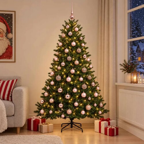  Umjetno božićno drvce s kuglicom 210 cm 300 LED lampica - Zelena 210 cm s LED-ima i ružičastim lopticama Slike