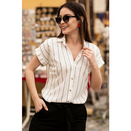 armonika Women's Smoked Linen Striped Short Sleeve Shirt Slike