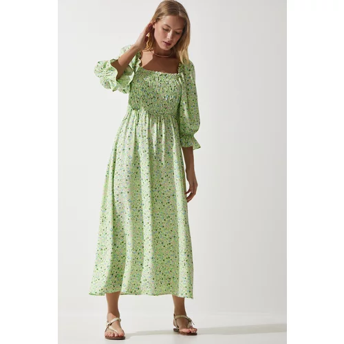 Happiness İstanbul Women's Light Green Linen Surface Patterned Summer Woven Dress