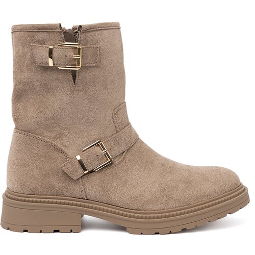 Shelvt Beige suede ankle boots with decorative buckles Slike