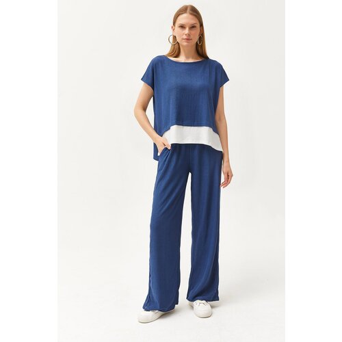 Olalook Women's Indigo Top Blouse Bottom Trousers Suit Slike