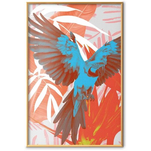  Plakat - Exotic Wings - parrot among abstract leaf patterns 40x60 Zlatni okvir Slike