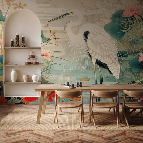  Foto tapeta - By an Asian pond - an illustration in the style of a Japanese engraving depicting a heron 245x175 Samoljepljiva Slike