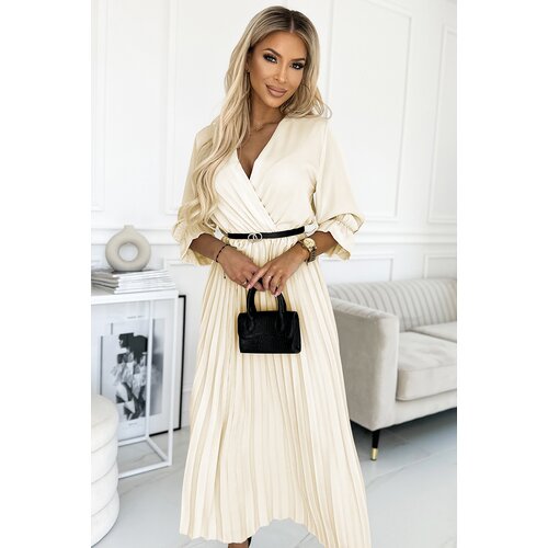 numoco basic 462-4 SERENA Pleated maxi dress with neckline, belt and 3/4 sleeves - ecru Cijene