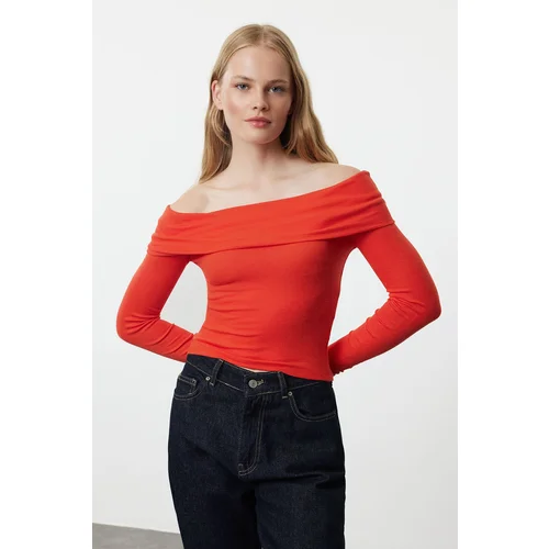 Trendyol Red Carmen Collar Crop/Short Stretchy Knitted Blouse