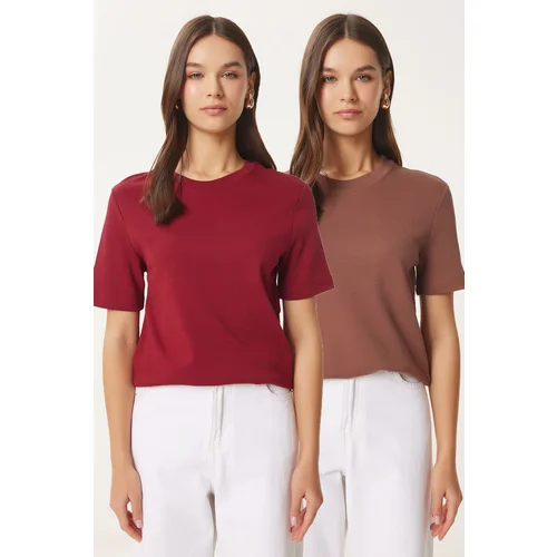 Happiness İstanbul Women's Claret Brown 2-Pack Cotton Basic Knitted T-Shirt