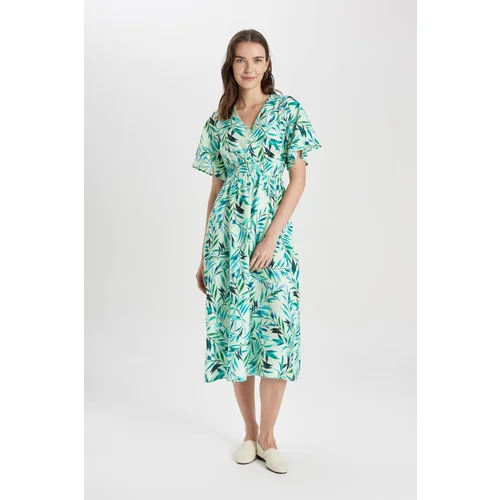 Defacto V-neck Print Short Sleeve Midi Viscose Dress