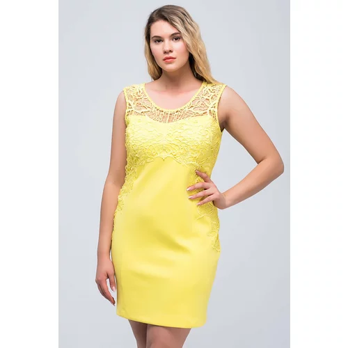 Şans Women's Plus Size Yellow Lace Detailed Dress