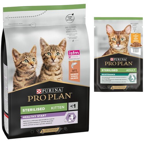 Pro Plan suha mačja hrana + 6 x 85 g mokre hrane gratis! - Sterilised Kitten Healthy Start losos (3 kg) + Pi&scaron;čanec (6 x 85 g) Cijene